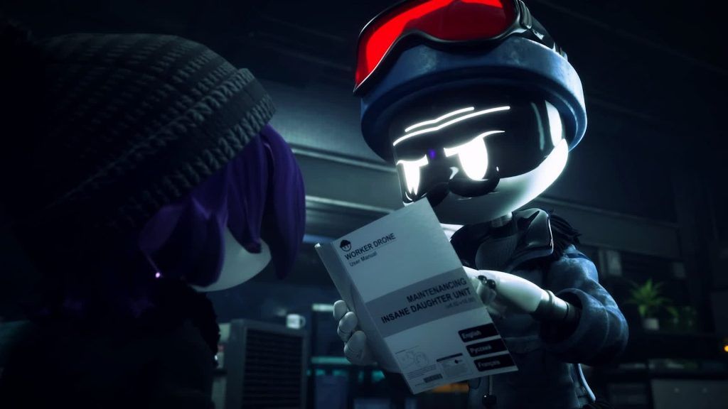 A worker drone showing a document to another drone inside a workshop or maintenance room