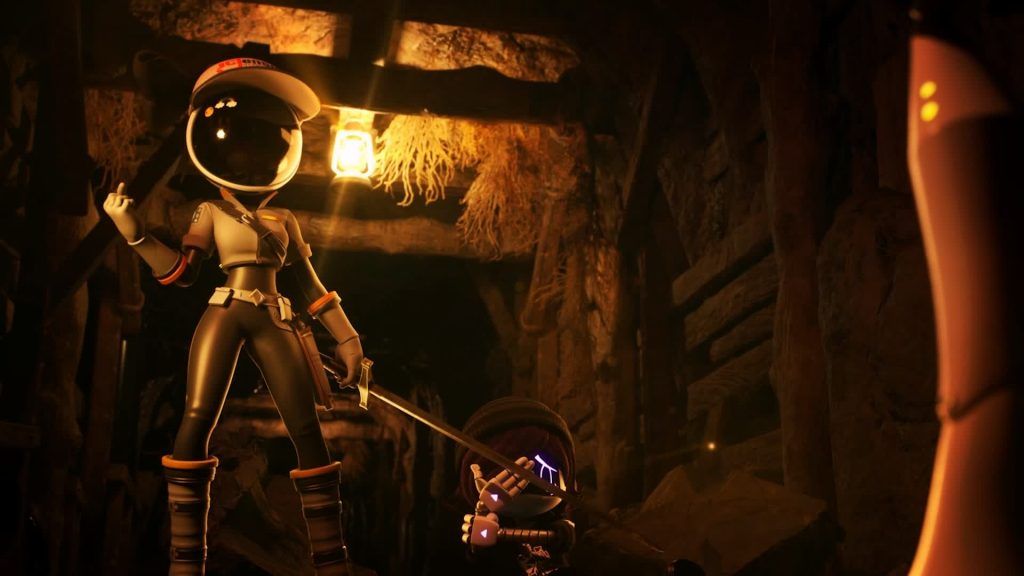 A drone wearing a cap and holding a weapon stands over another drone inside a dimly lit mine tunnel
