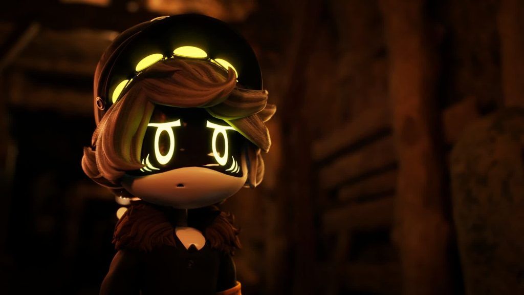 A glowing-eyed drone standing in a wooden tunnel and looking ahead with a serious expression
