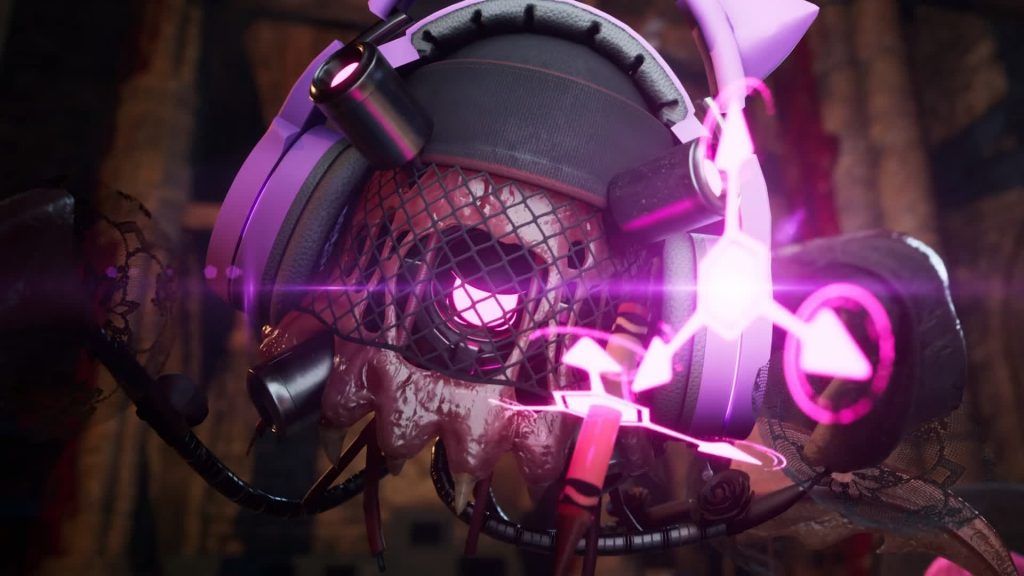 A corrupted drone head with glowing pink lights and headphones covered in mesh and organic matter
