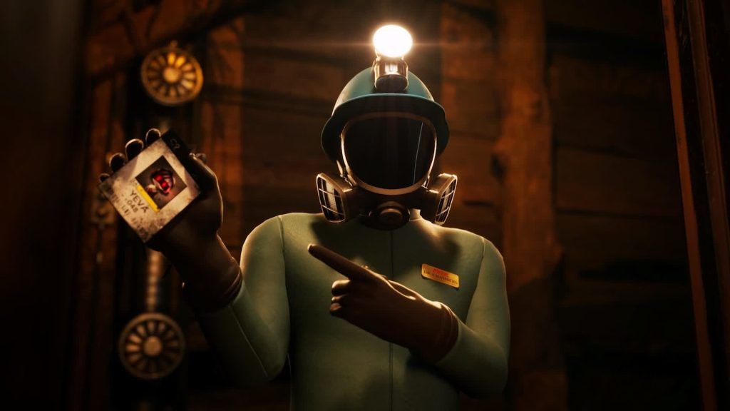 A miner drone wearing a helmet and gas mask points at a card while standing in a dimly lit tunnel
