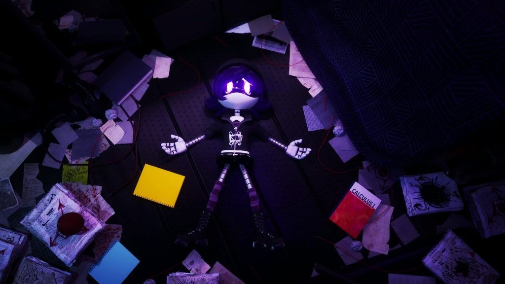 A purple-eyed worker drone lying on the floor surrounded by papers and books in a messy room