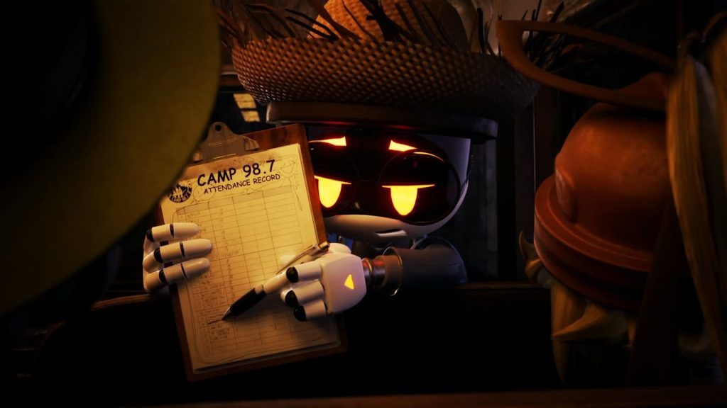 A drone with an orange glow holding a clipboard labeled Camp 98.7 attendance record inside a cabin