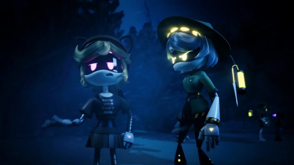 Two drones standing in the dark forest, one with cat ears and the other wearing a ranger hat