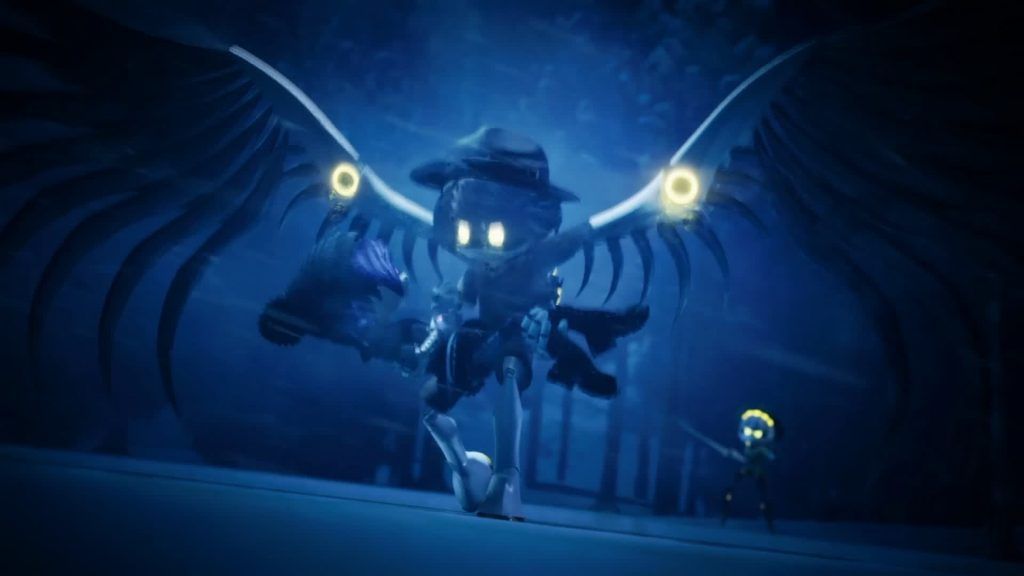 A winged disassembly drone flying in a blue-lit area while holding another drone in its claws