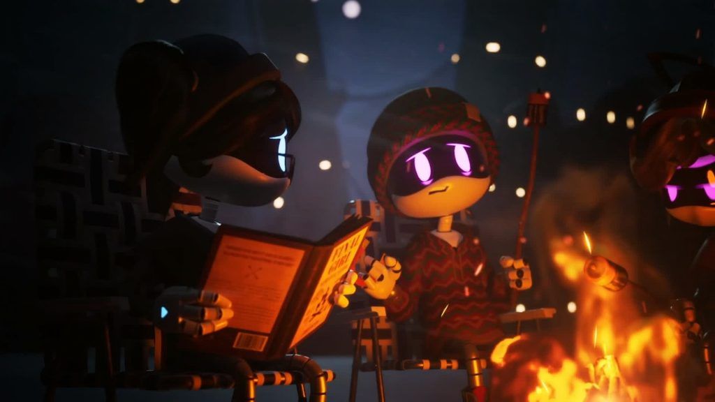 Three drones sitting by a campfire at night, one reading a book while others roast marshmallows