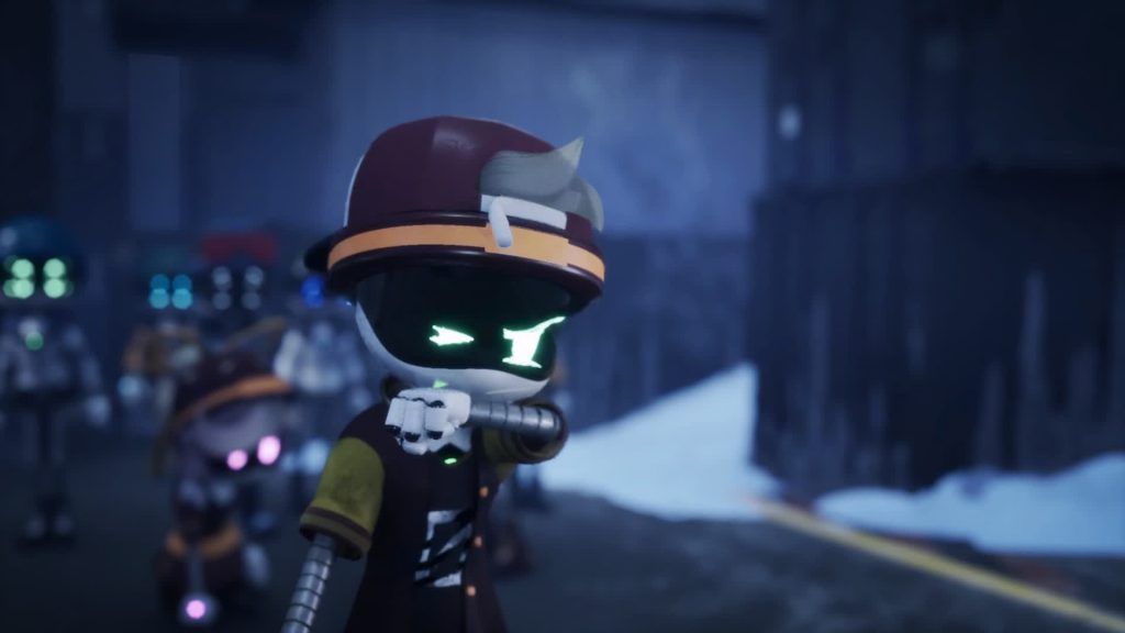 Thad covers his face while walking outside at night with classmates behind him in Murder Drones.