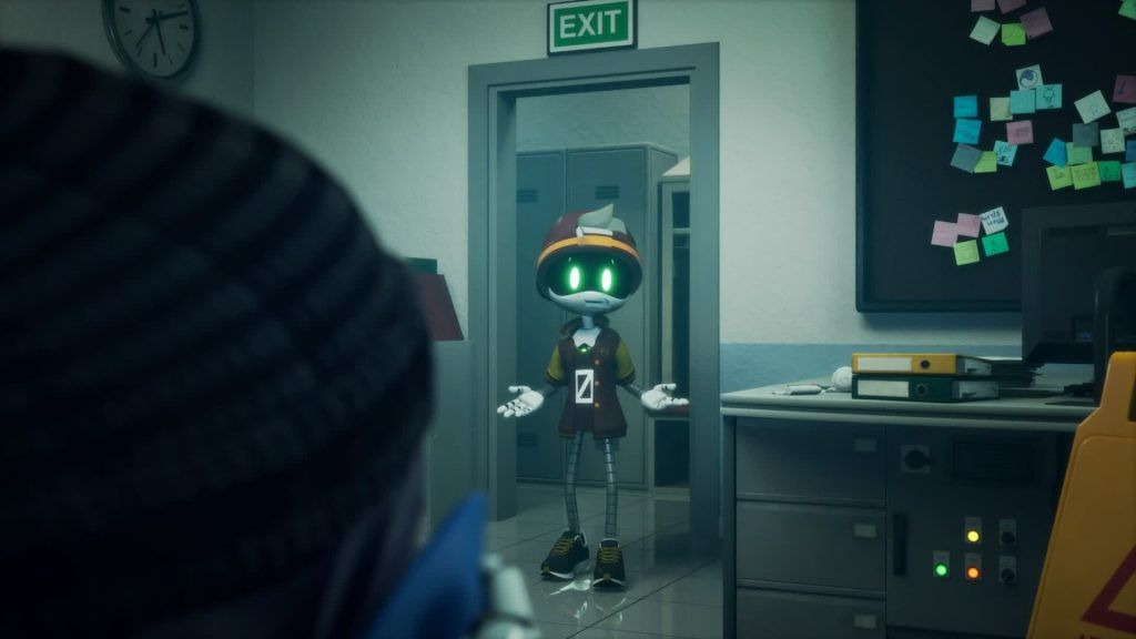 Thad stands in an office doorway, shrugging under an EXIT sign in Murder Drones.