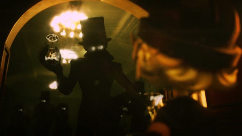 James Elliott’s shadowy figure holding a flask, reflected in a golden mirror under chandelier light