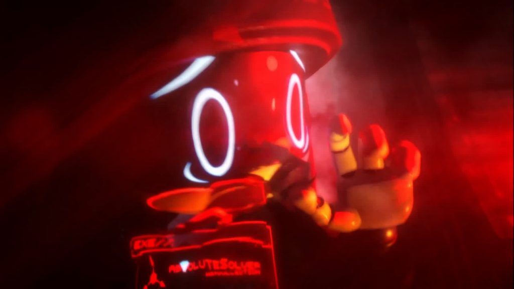 Khan Doorman holding an Absolute Solver access card in red emergency lighting
