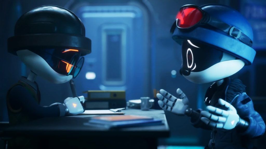 Khan Doorman discussing paperwork with a worker drone across a desk in a blue-lit room