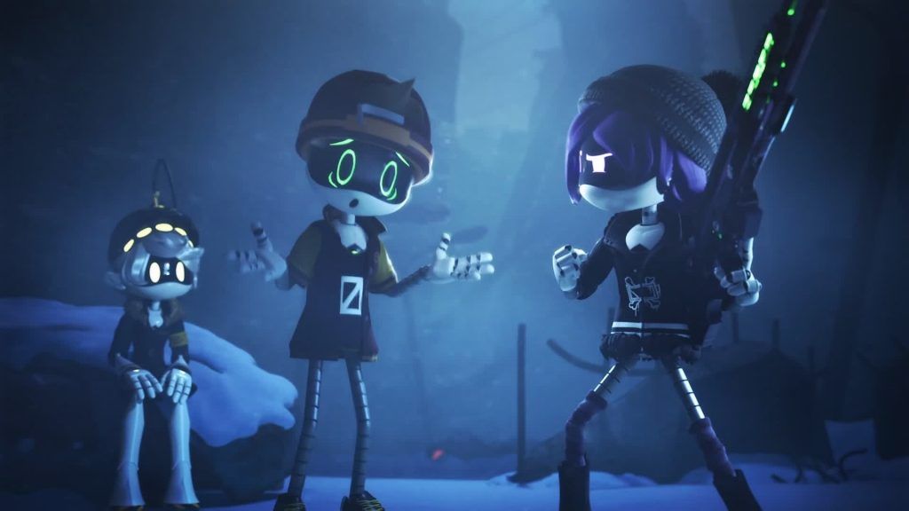 Thad stands between Uzi and another worker drone in a snowy clearing in Murder Drones.