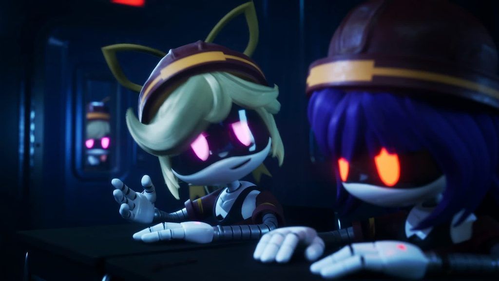 Lizzy talking to Doll in a dimly lit classroom, expressing concern as Doll looks down