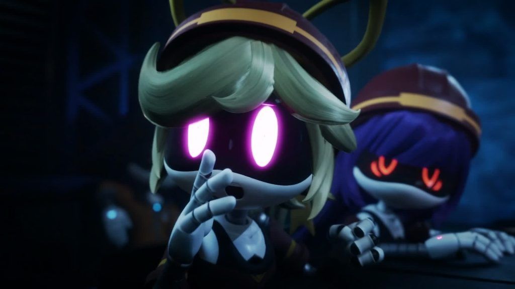 Lizzy pointing forward with glowing pink eyes as Doll watches from behind