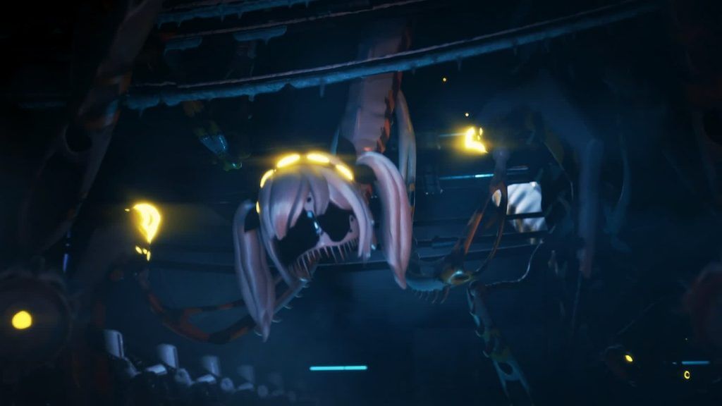 Eldritch J hanging from the ceiling with glowing eyes and mechanical tendrils in a dark corridor