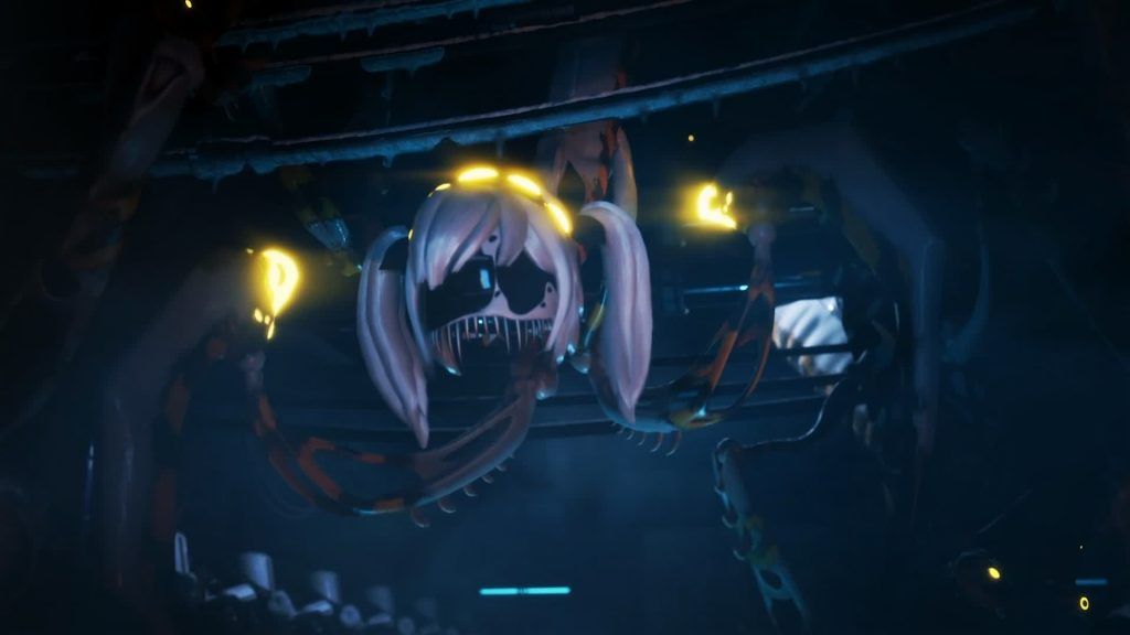 Eldritch J suspended by tentacle-like appendages glowing with yellow light in a dark room