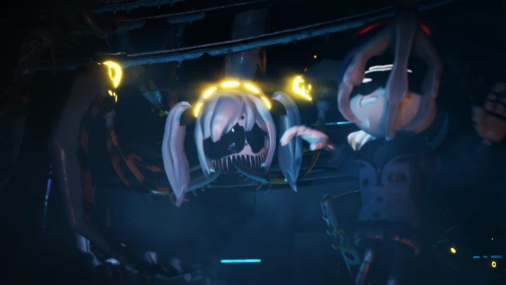 Eldritch J confronting a drone while hanging from the ceiling, her tendrils spread wide