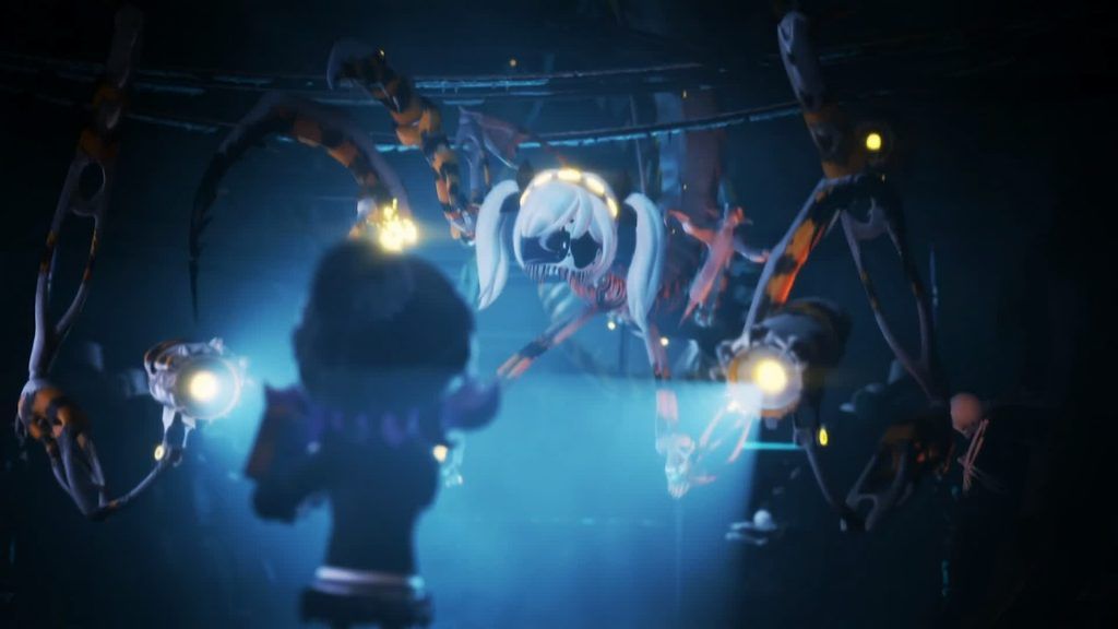 Eldritch J illuminated by blue light, facing Uzi with her mechanical limbs extended