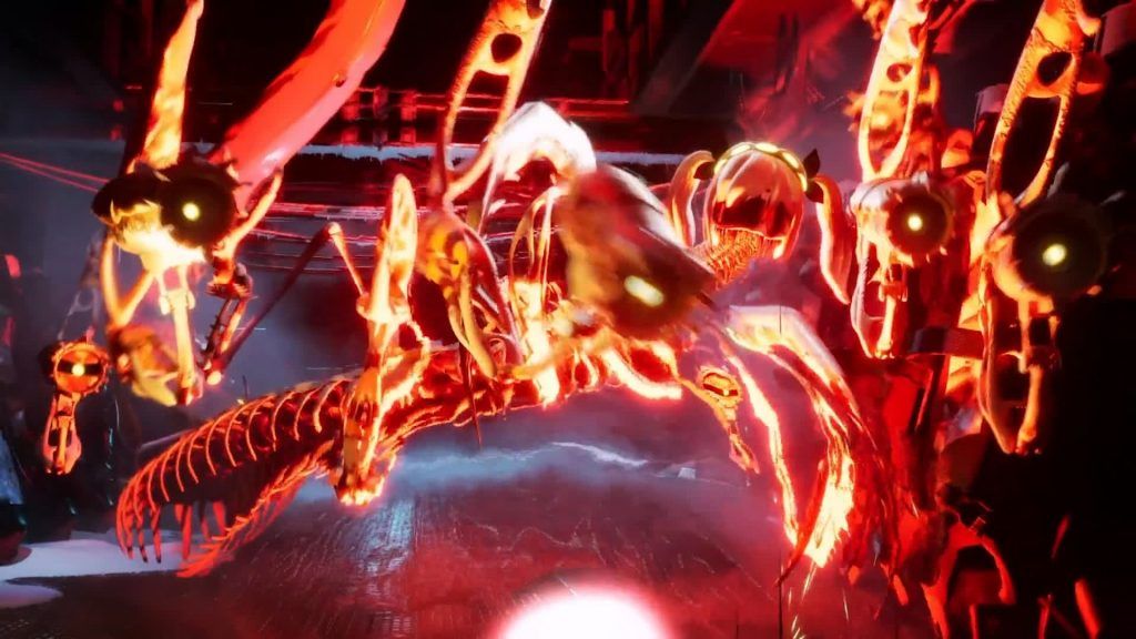 Eldritch J glowing with fiery red energy, her skeletal limbs flaring brightly in rage