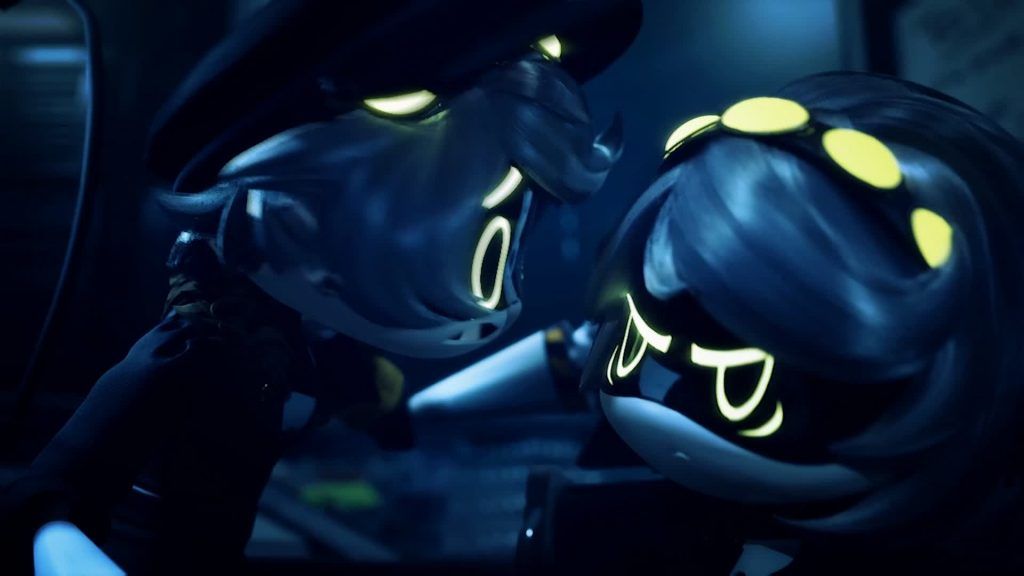 V grabs another drone by the collar during a tense confrontation in Murder Drones.
