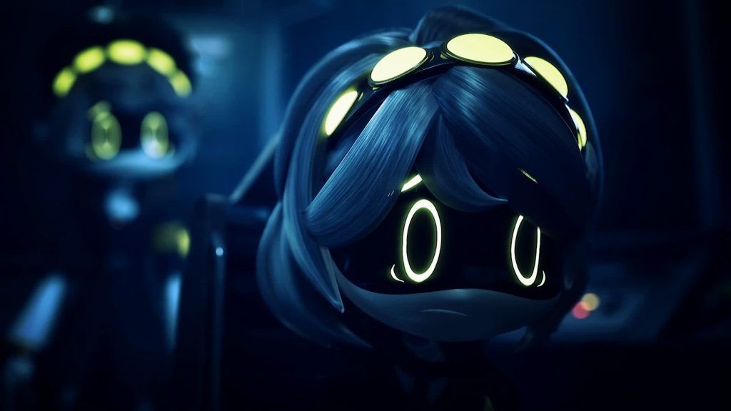 V looks ahead with a blank expression as another drone stands behind her in Murder Drones.