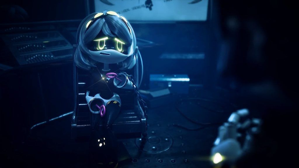 V sits on a chair holding a cable with a sad expression in Murder Drones.