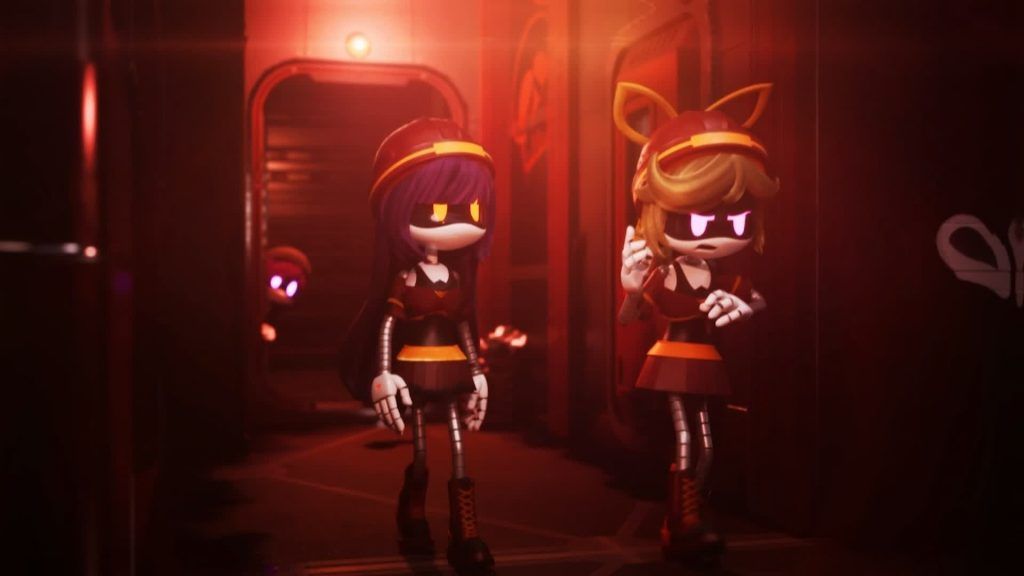Lizzy and Doll walking cautiously through a red-lit corridor with another drone in the background