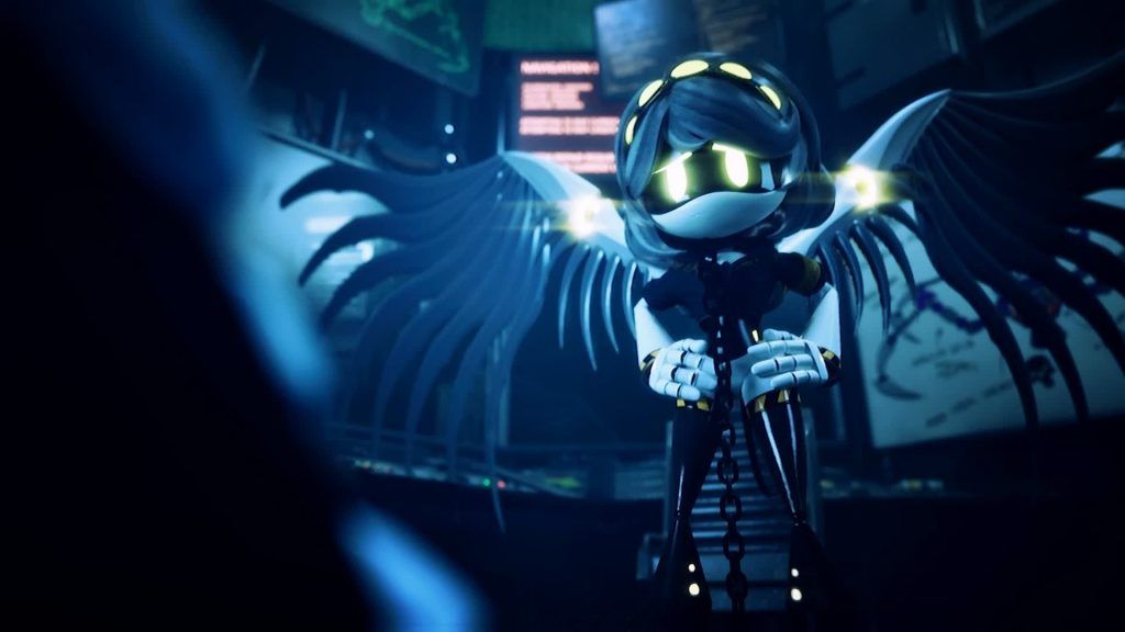 V spreads her mechanical wings glowing in the dark lab in Murder Drones.