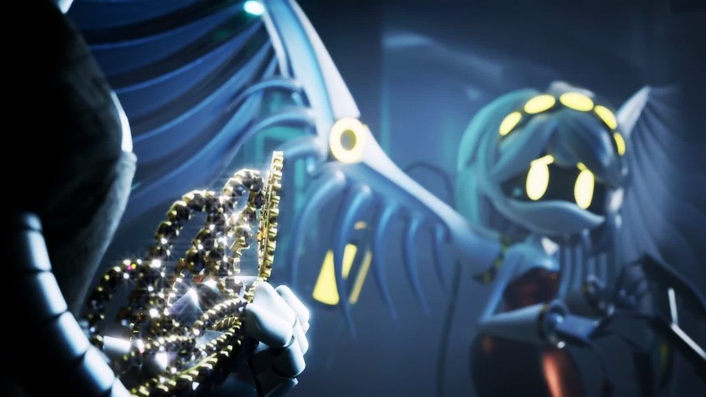 V looks down sadly while her wings glow behind her in Murder Drones.