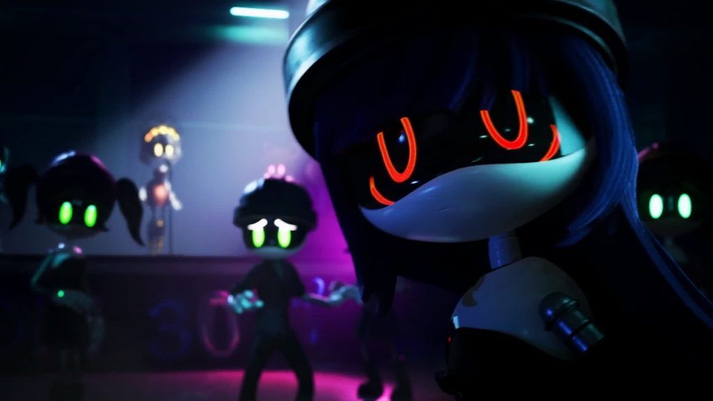 Doll looking toward the camera with glowing red eyes as other drones stand behind her in a lit hall