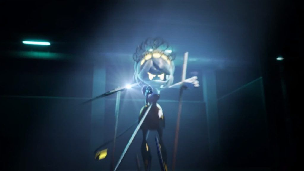 V attacks with her glowing wings and energy weapon in a dark hallway in Murder Drones.