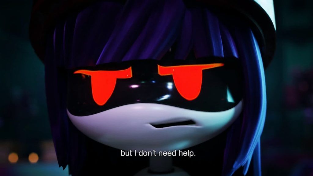 Close-up of Doll with red glowing eyes saying she doesn’t need help