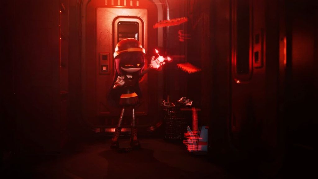 Doll manipulating floating red data panels using the Absolute Solver ability in a hallway