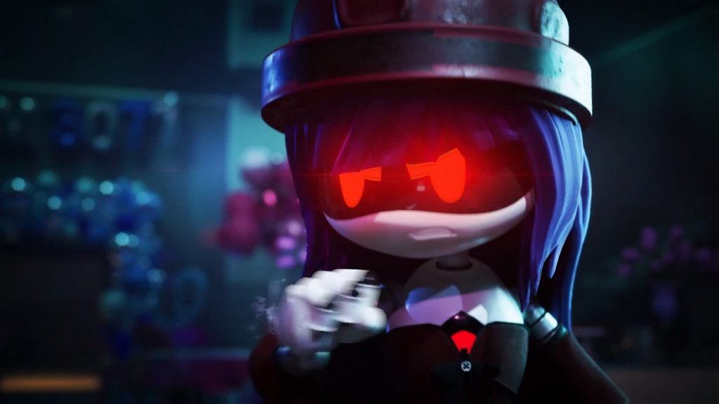 Doll standing confidently with glowing red eyes and smoke rising from her hand in a dark room