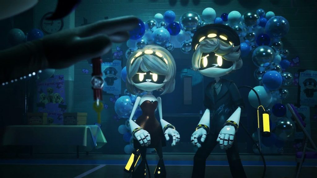V and N stand together in front of blue balloons at a decorated event in Murder Drones.