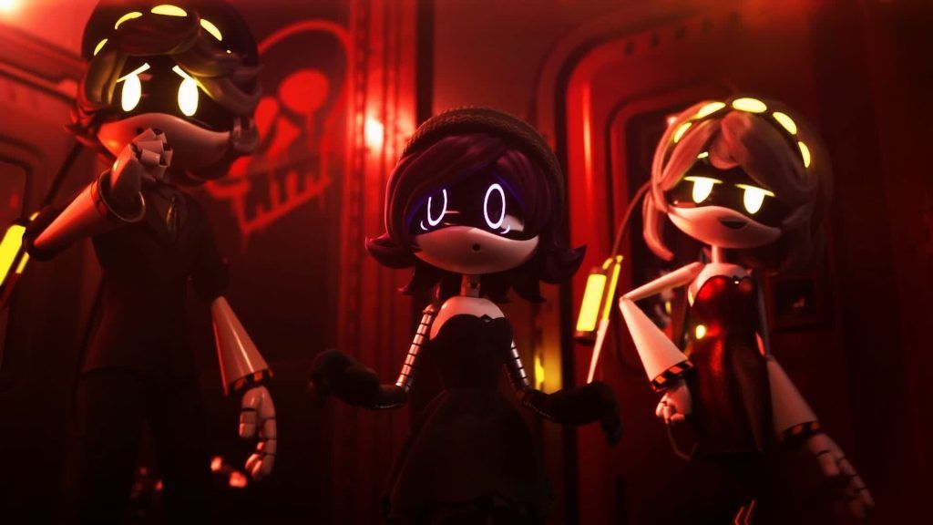 V stands with Uzi and N inside a red-lit corridor in Murder Drones.