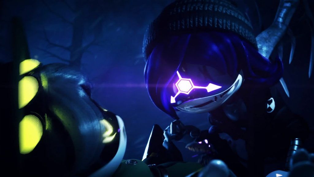 Uzi leaning over N, her eyes glowing with the Absolute Solver symbol in a dark forest