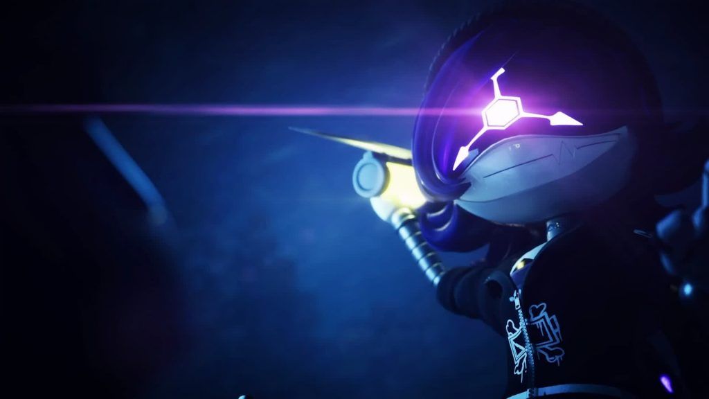 Uzi aiming her weapon with the glowing purple Absolute Solver symbol over her eye