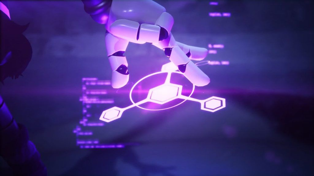Uzi’s robotic hand projecting a holographic Absolute Solver interface with glowing purple symbols