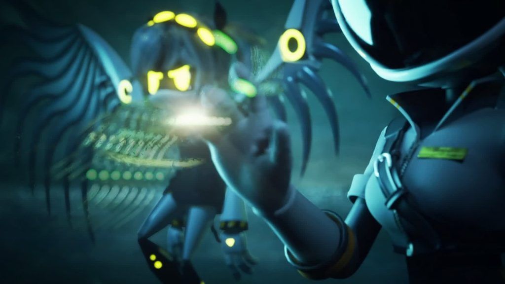 Tessa activates a glowing holographic display beside V in Murder Drones.