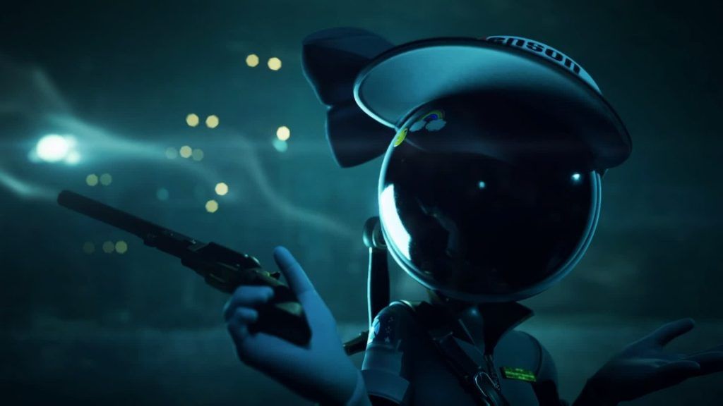 Tessa aims her pistol with a confident smirk in the cold darkness in Murder Drones.