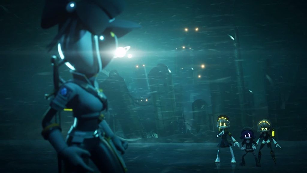 Tessa faces Uzi, N, and V in a snowstorm near a dark facility in Murder Drones.