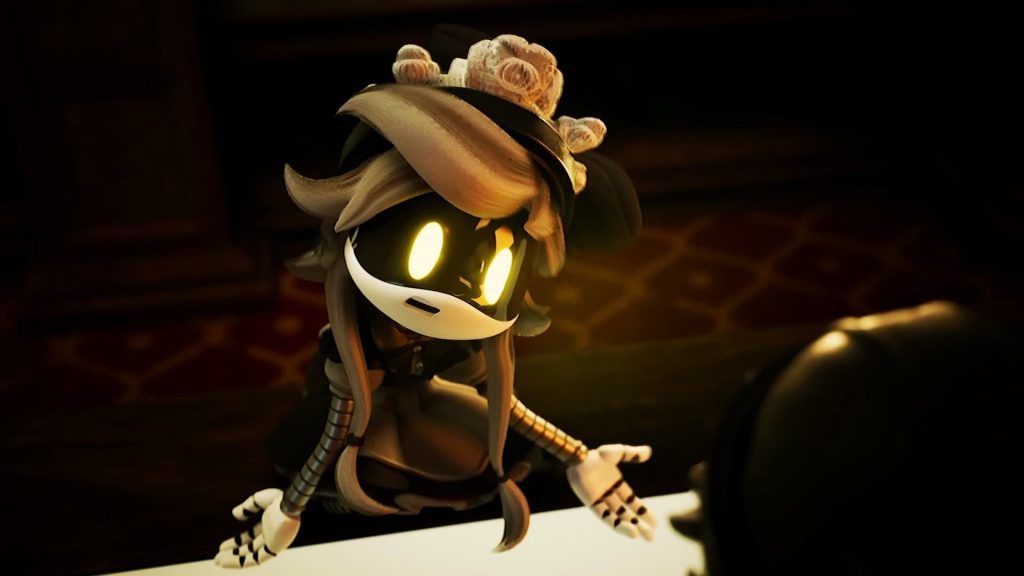 Cyn leaning over a table with glowing yellow eyes, speaking in a warmly lit room