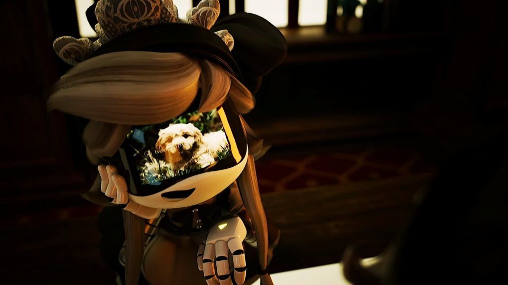 Cyn displaying an image of a dog on her face screen while smiling brightly