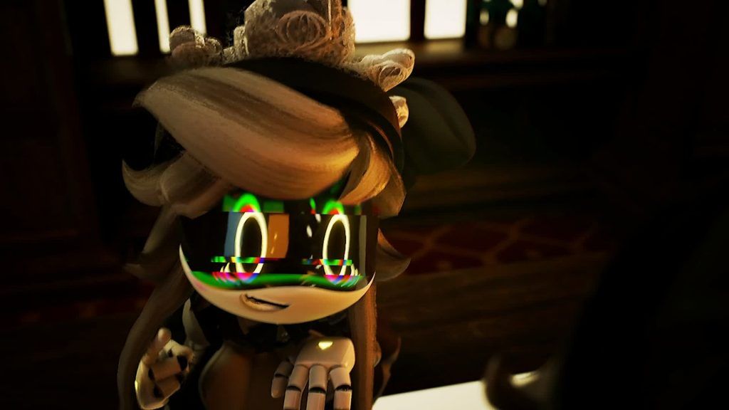 Cyn’s face glitching with colorful distortion while she talks with an animated expression