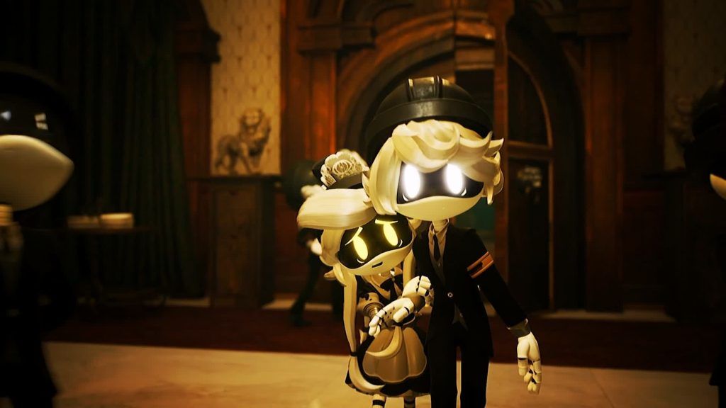 Cyn hugging Tessa in a grand hall filled with other drones in formal attire