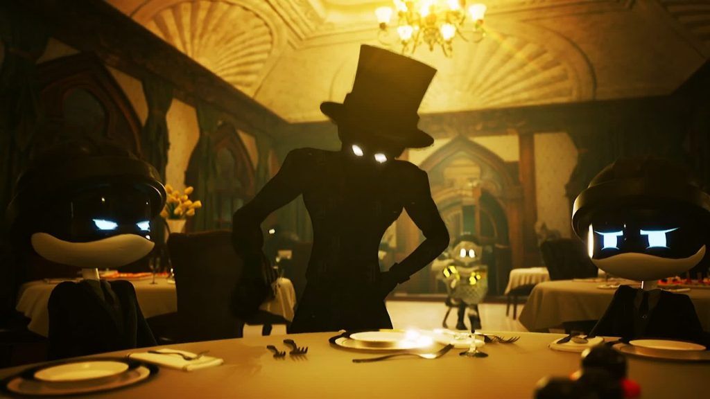 James Elliott standing between seated drones in a grand dining hall, illuminated by warm chandelier light