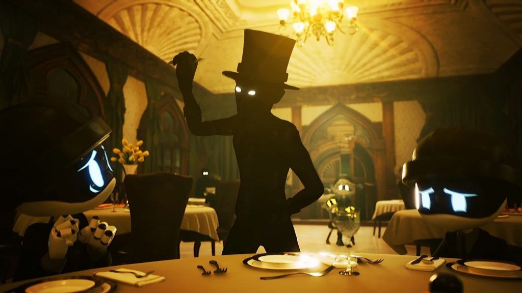 James Elliott raising a flask while addressing two drones seated at a dining table