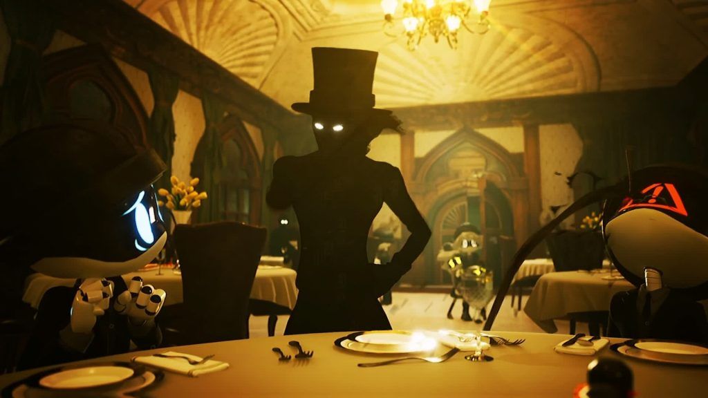 James Elliott standing confidently in the center of a dining hall as drones watch him cautiously
