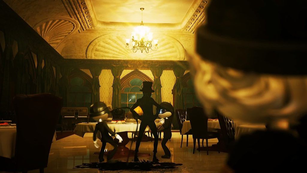 James Elliott surrounded by drones in a lavish hall, his dark silhouette highlighted by the chandelier